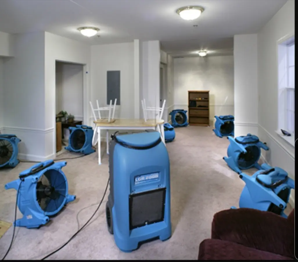 Air movers and dehumidifier setup for Water Extraction & Removal in Lockport